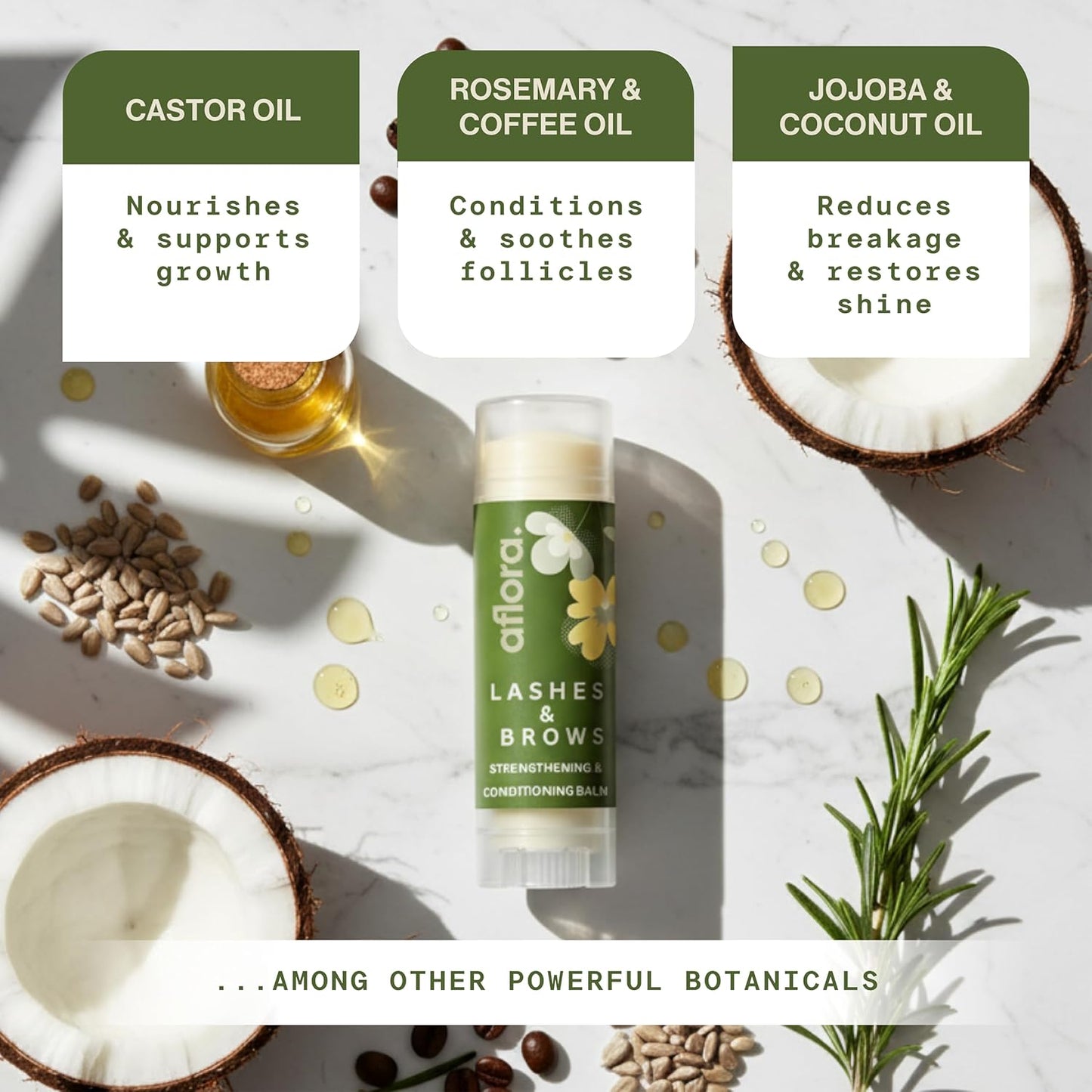 Aflora Castor Oil Botanical Stick for fuller, longer, and thicker lashes and brows.